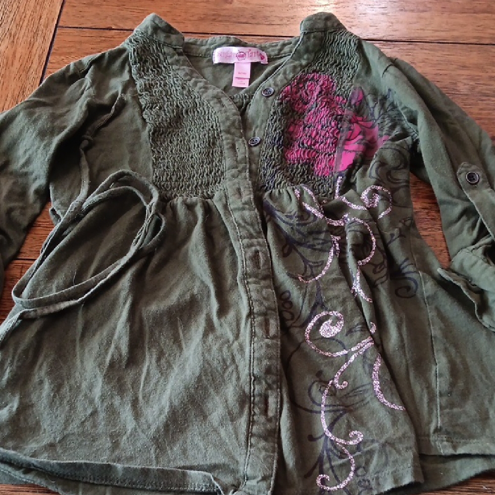 Sugar Tart Green Button-Up Shirt with Pink Floral Design
